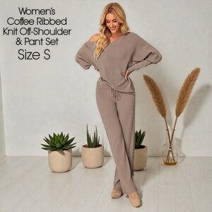 Women’s Coffee Ribbed Knit Off-Shoulder Pant Set